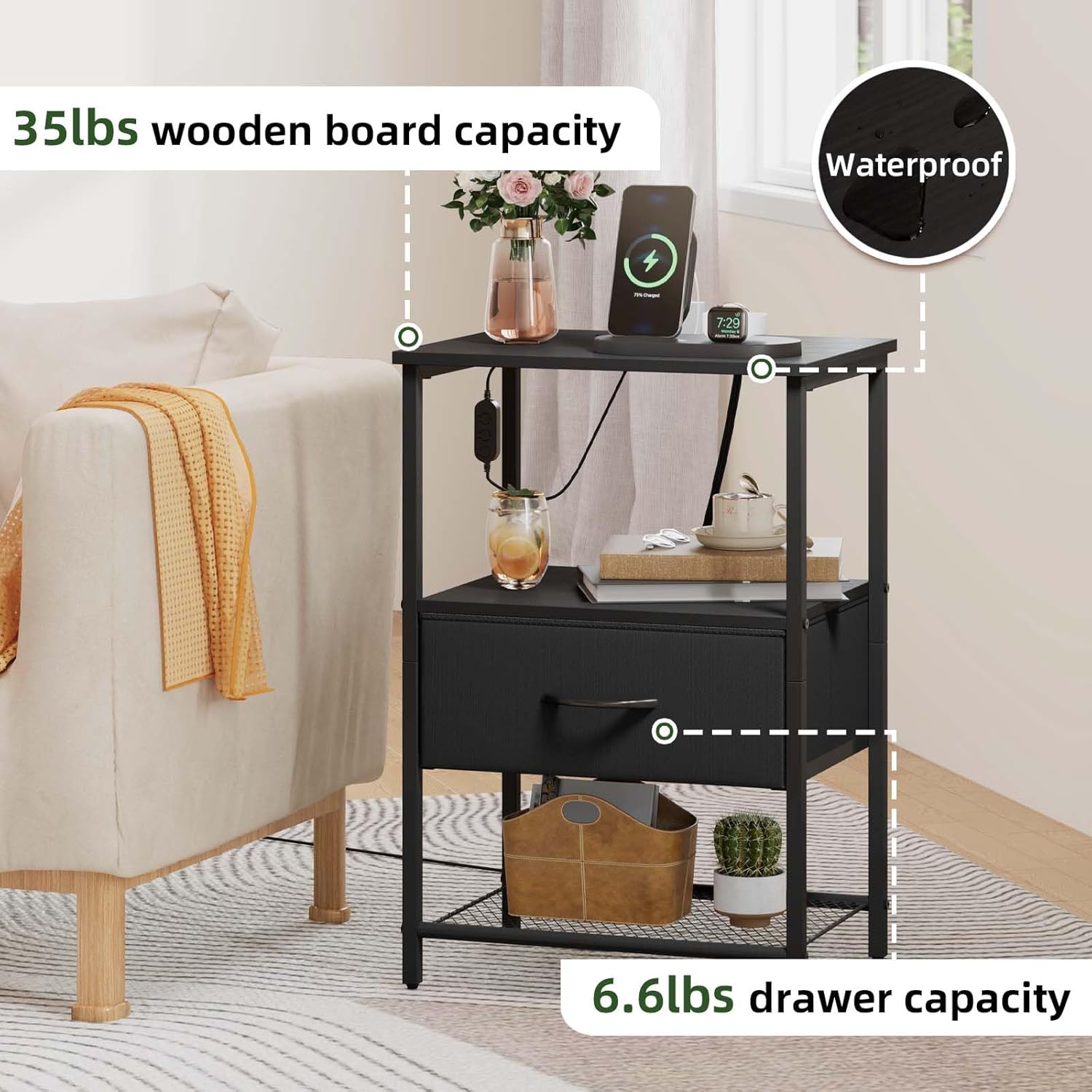 Somdot Nightstand with Charging Station and LED Light for Bedroom, Bedside Table End Table for Dorm Guest Room Bedside Kids Laundry Closet Entryway Hallway, Black