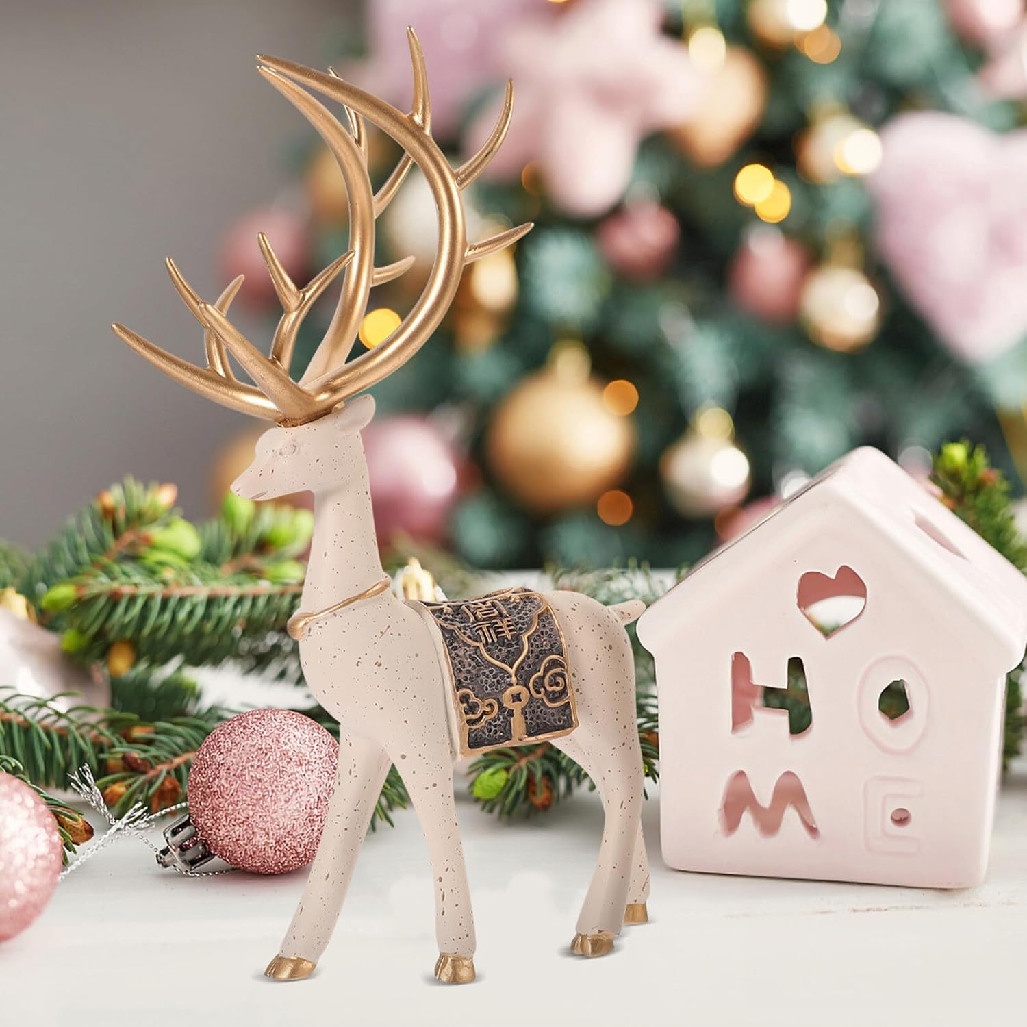 Sewroro Resin Deer Figurines Pair, Sika Deer Home Decor Ornaments, Creative Desktop Resin Craft for Living Room and Study Table Decoration