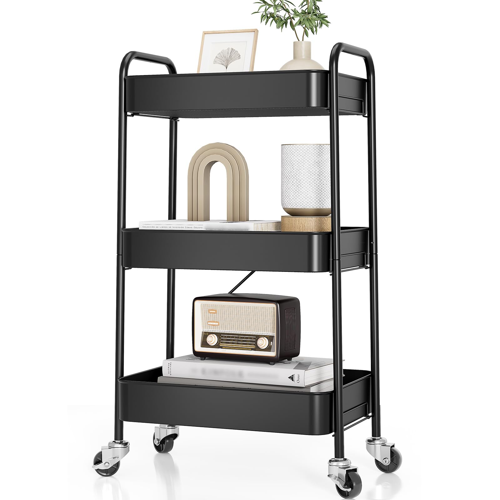 TOOLF 3-Tier Rolling Cart - Metal Utility Storage Organizer with Lockable Wheels, 33 lbs Per Shelf, Tool-Free 5-Min Assembly, for Kitchen Bathroom Office Nursery Craft Room, White
