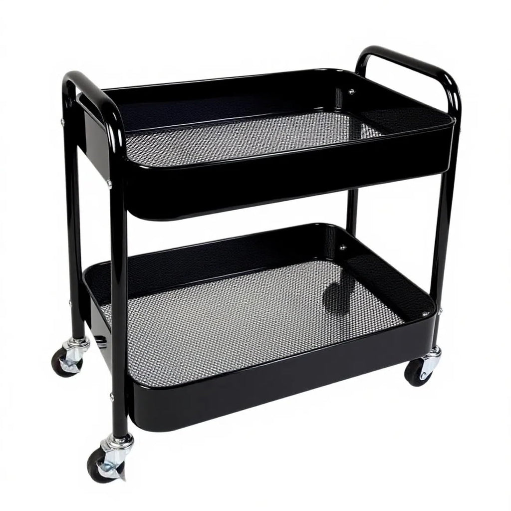 2 Tier Under Desk Storage Cart with Wheels Heavy Duty Metal Short Rolling Pantry Storage Cart for Small Space, Utility Trolley for Kitchen Bathroom Laundry Cute Snack Craft Organizer, White