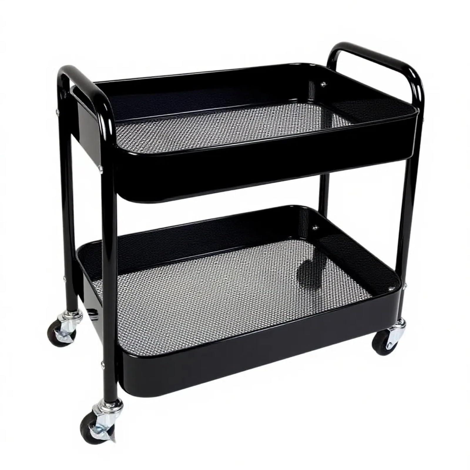 2 Tier Under Desk Storage Cart with Wheels Heavy Duty Metal Short Rolling Pantry Storage Cart for Small Space, Utility Trolley for Kitchen Bathroom Laundry Cute Snack Craft Organizer, White