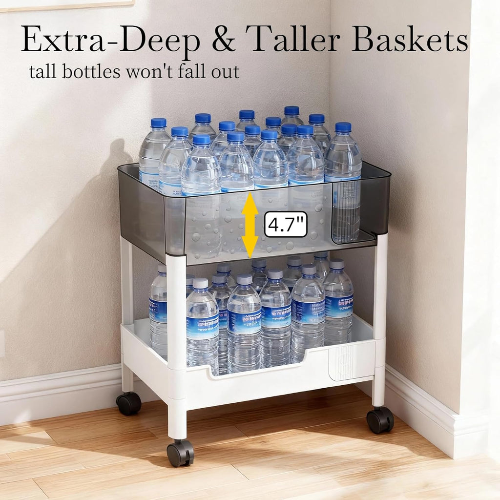 2 Tier Rolling Cart with Wheels for Under Desk Storage, Heavy Duty Plastic Short Small Utility Cart for Small Space Bathroom Vanity Makeup Organizer Pantry, 4.7'' Deep Baskets for Tall Bottles