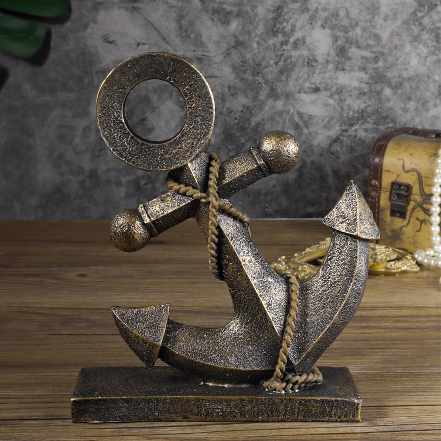 Anchor Sculpture Coastal Decor Nautical Boat Statue Art Ship Theme Retro Style Home Office Desktop Shelf Decoration Crafts Resin Ornament (Golden)