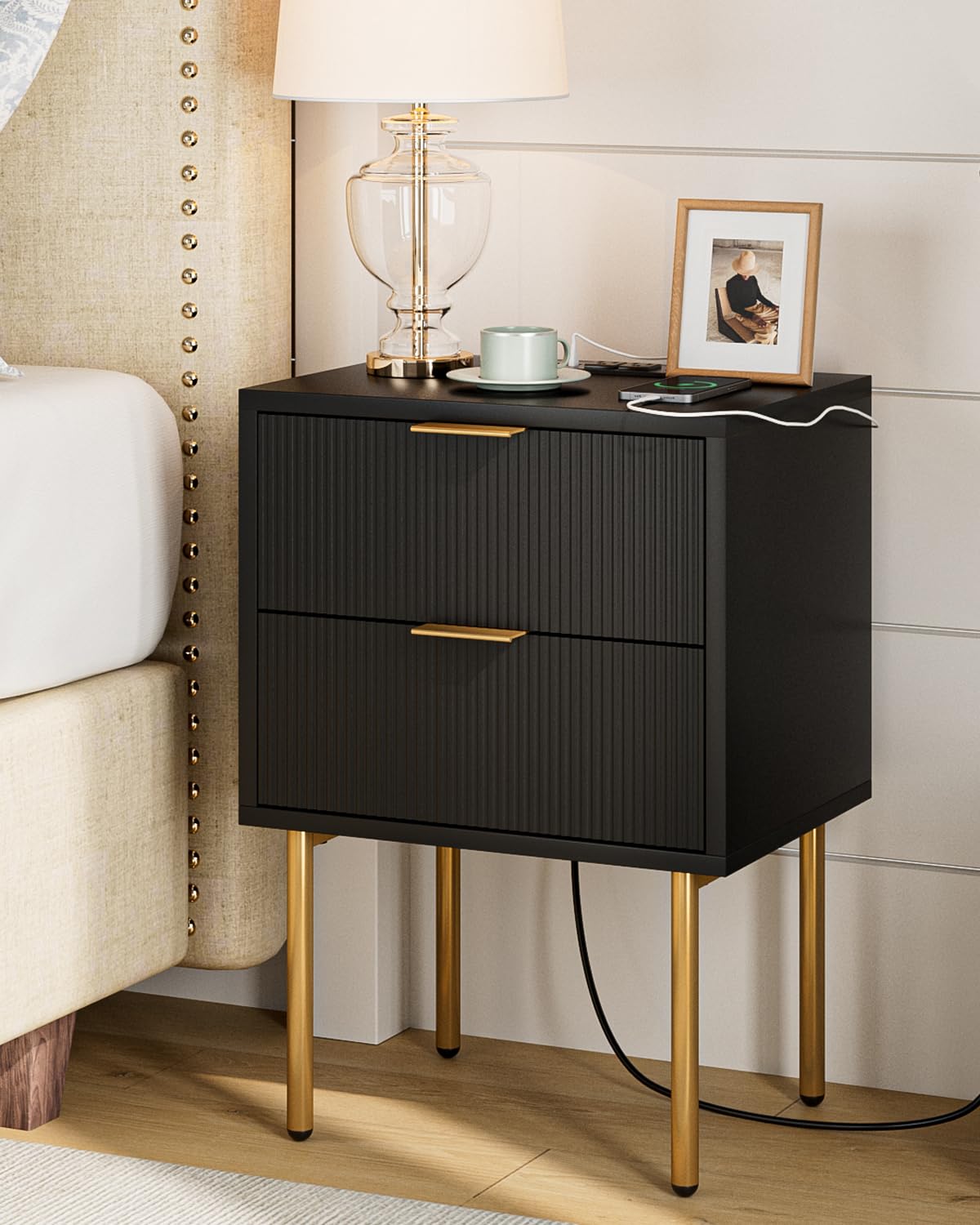 Masupu Nightstand with Charging Station,Mid-Century Modern Bedside Table with Storage Drawer and Open Wood Shelf,Small Gold Frame Side Table for Bedroom,Living Room (Black)