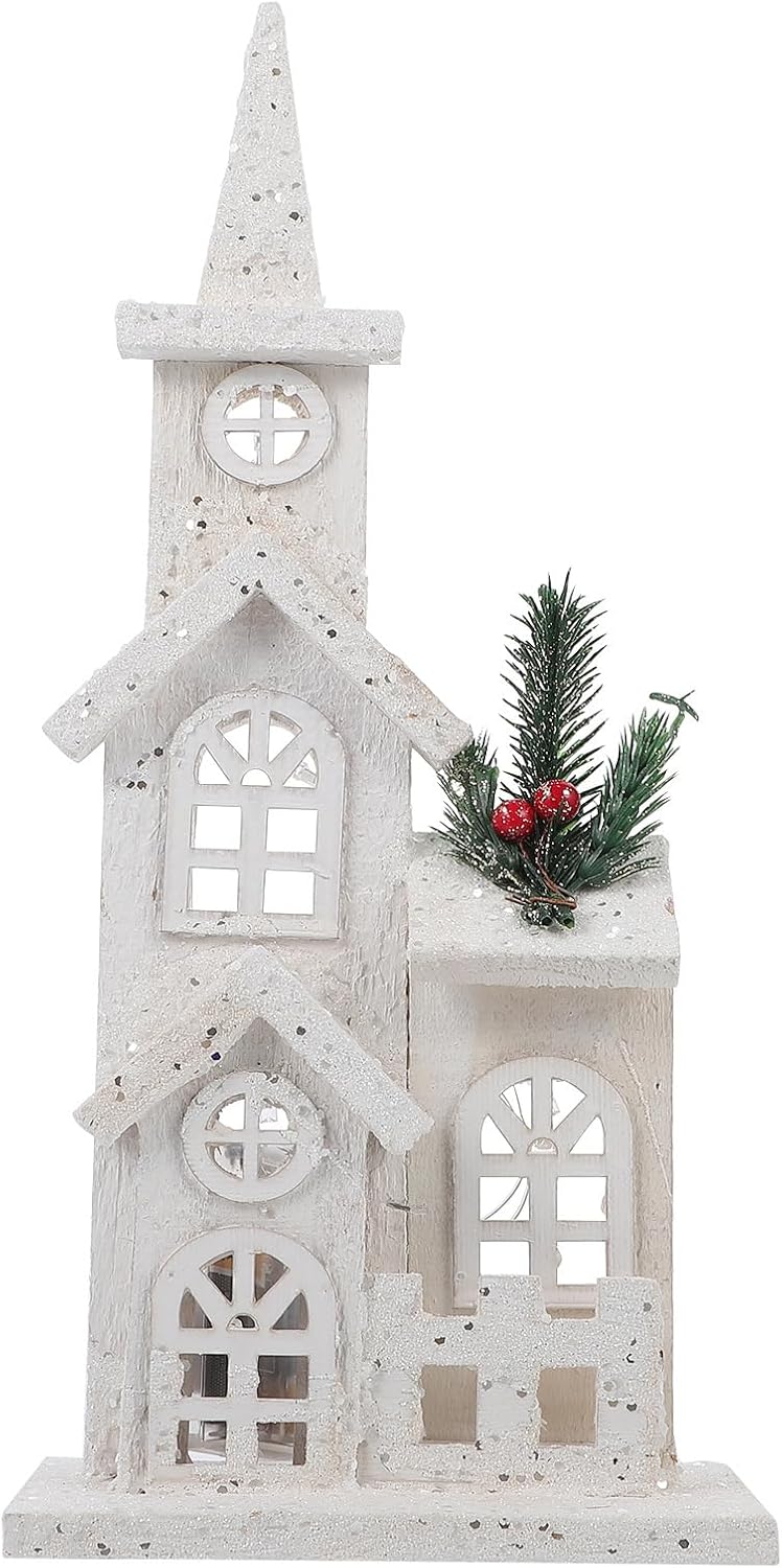 LABRIMP 1pc Luminous Wooden Castle Ornament Christmas Village House Lighted Desktop Decor for Holiday Party Home Adornment