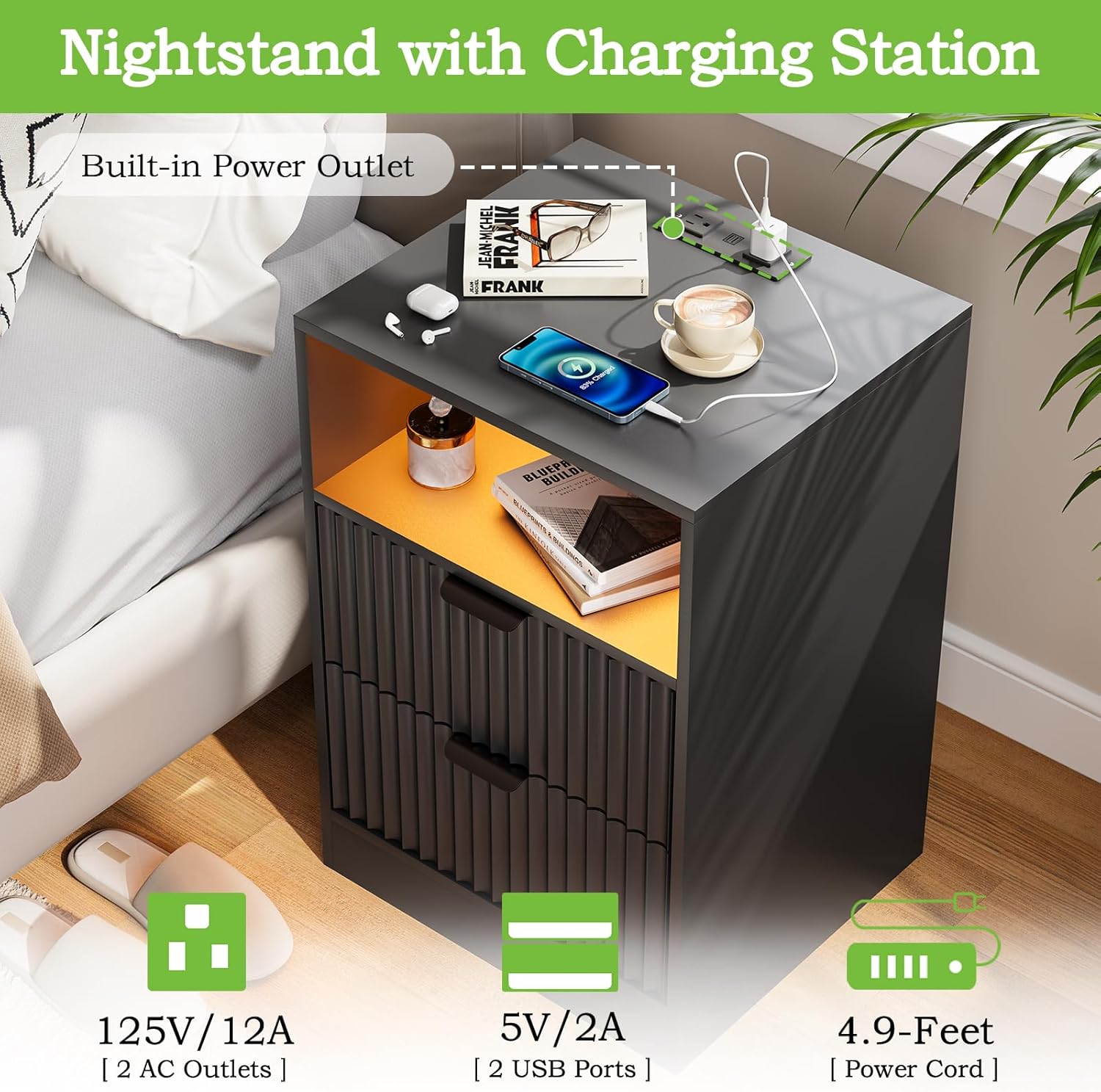 2-Pack Black Fluted Nightstand, LED Side Table with Charging Station for Bedroom