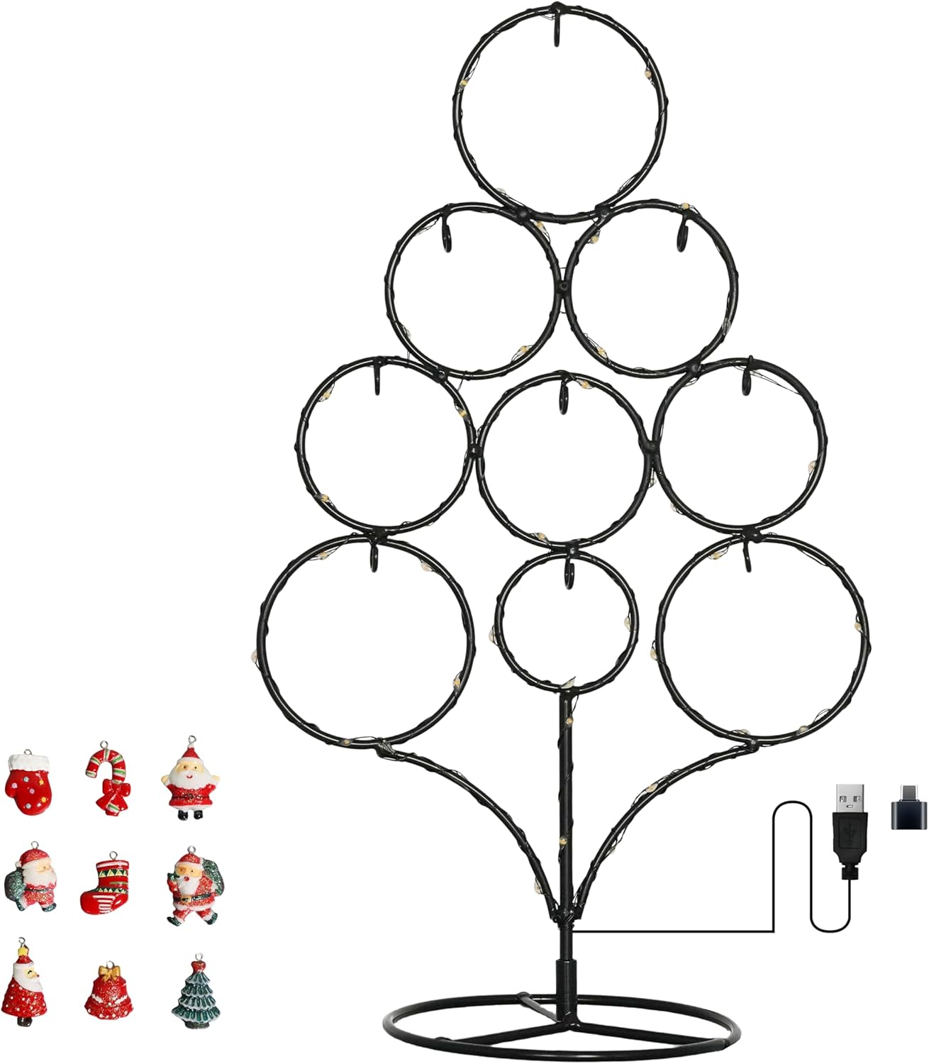 Tabletop Christmas Tree-Ornament Display Stand, 13.19-inch Metal Christmas Tree Wrought Iron with LED Lights, Suitable for Desktop Decoration, Home Decoration, Ornament Display Standparty Giftsi.