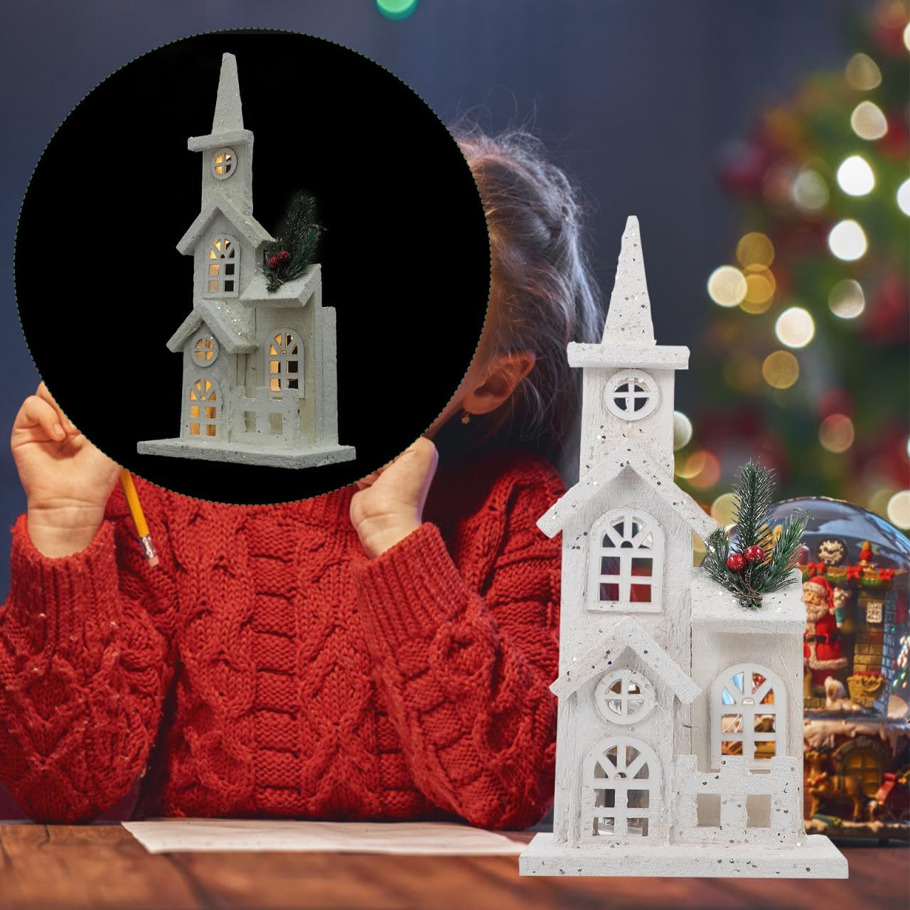 LABRIMP 1pc Luminous Wooden Castle Ornament Christmas Village House Lighted Desktop Decor for Holiday Party Home Adornment