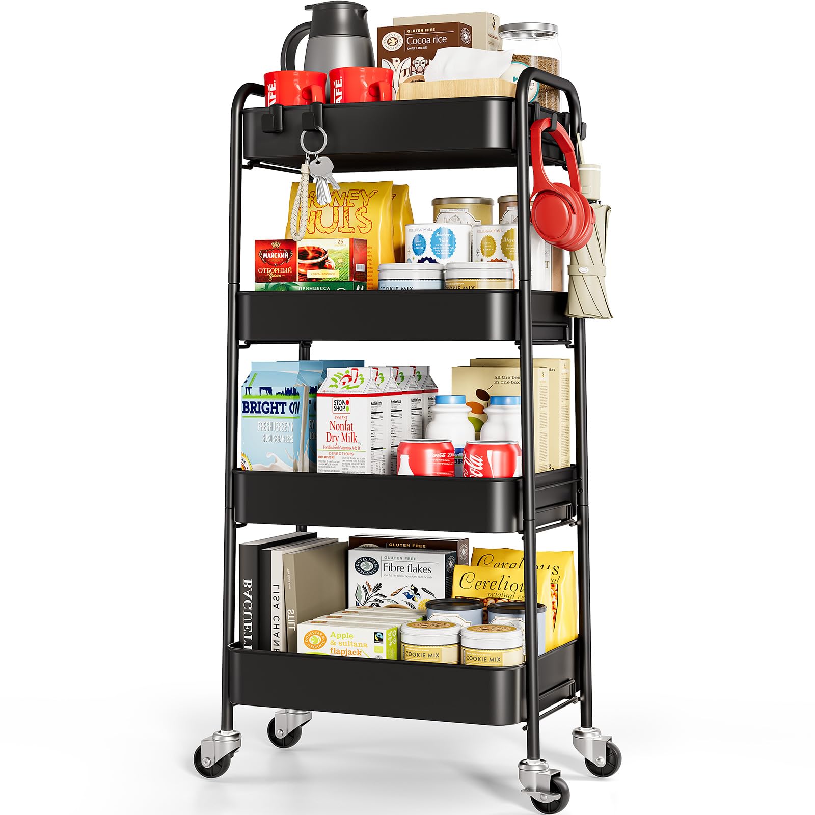 TOOLF 3-Tier Rolling Cart - Metal Utility Storage Organizer with Lockable Wheels, 33 lbs Per Shelf, Tool-Free 5-Min Assembly, for Kitchen Bathroom Office Nursery Craft Room, White