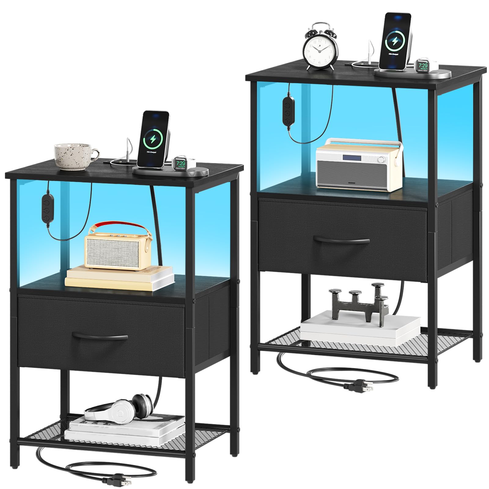 Somdot Nightstand with Charging Station and LED Light for Bedroom, Bedside Table End Table for Dorm Guest Room Bedside Kids Laundry Closet Entryway Hallway, Black