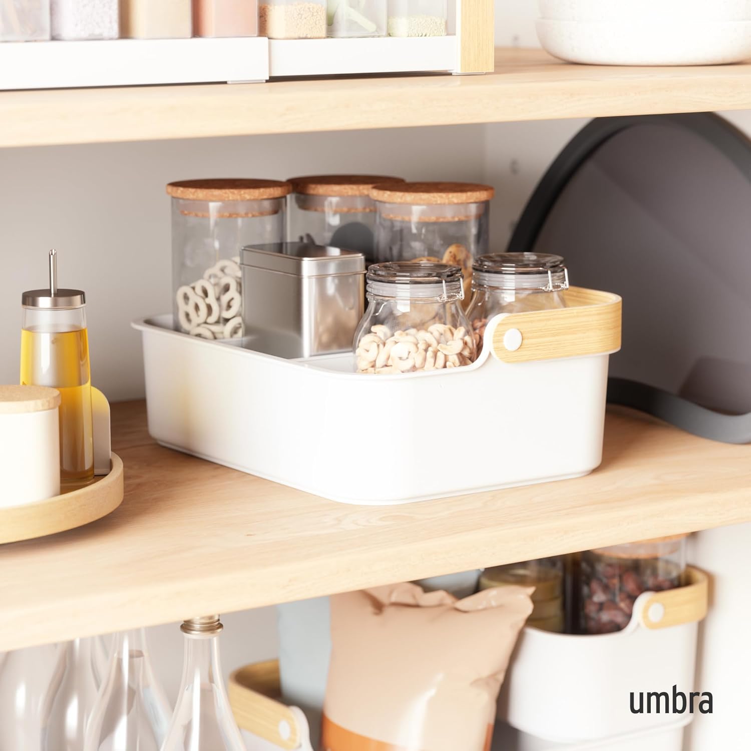 Umbra Bellwood Multipurpose Caddy Organizer with Handle, Desk, Makeup, Dorm Caddy, Kitchen Cabinet Organizer, Natural/White