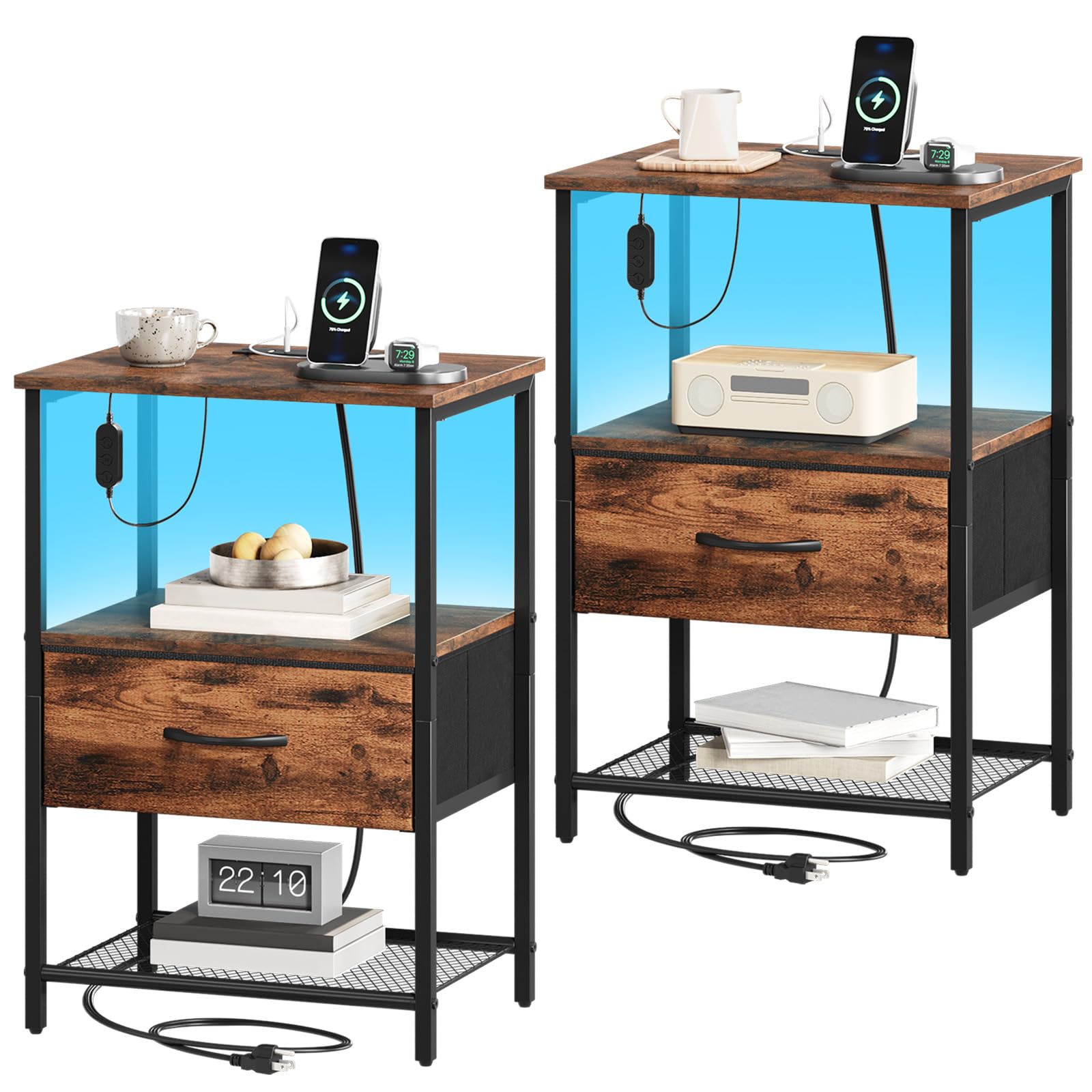 Somdot Nightstand with Charging Station and LED Light for Bedroom, Bedside Table End Table for Dorm Guest Room Bedside Kids Laundry Closet Entryway Hallway, Black