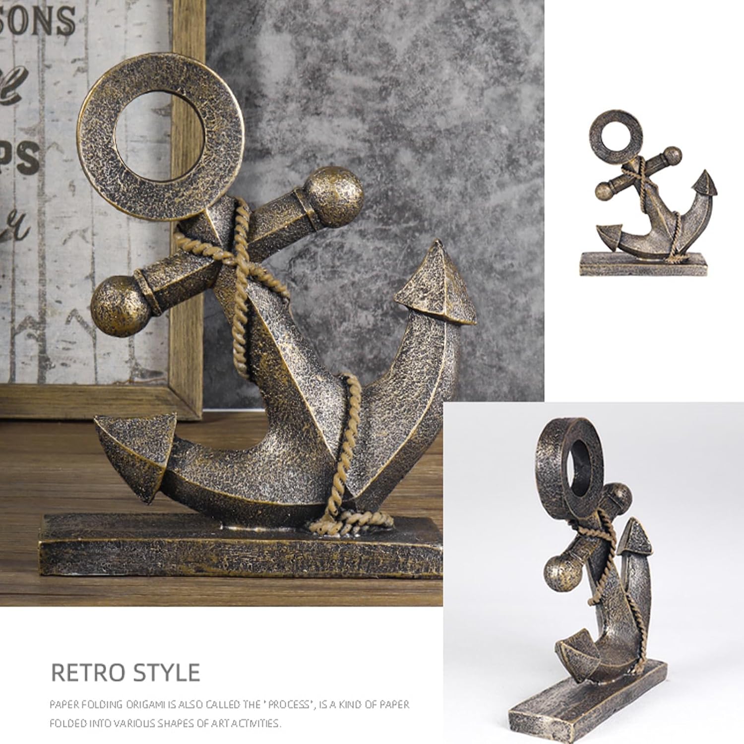 Anchor Sculpture Coastal Decor Nautical Boat Statue Art Ship Theme Retro Style Home Office Desktop Shelf Decoration Crafts Resin Ornament (Golden)