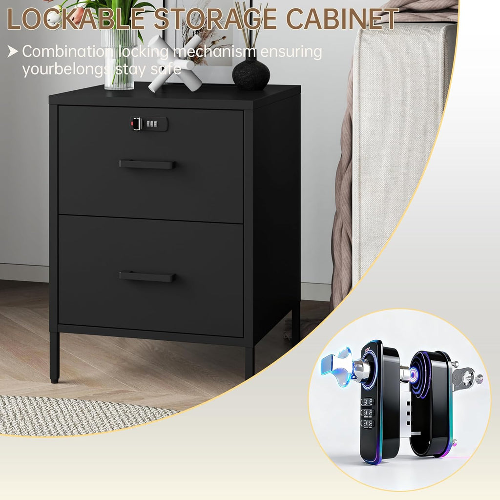 Steehoom Metal Nightstand,2 Drawer End Side Table Lockable Modern Locker Storage Cabinet for Living Room, Bedroom, Dorm, 21.26”H X 15.75”W X 15.75”D (2 Drawer, Black)