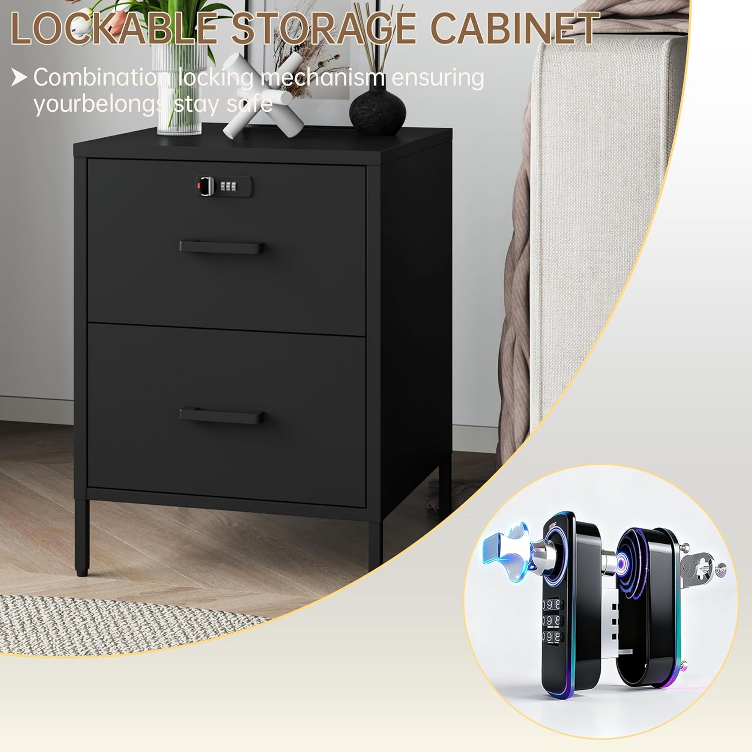 Steehoom Metal Nightstand,2 Drawer End Side Table Lockable Modern Locker Storage Cabinet for Living Room, Bedroom, Dorm, 21.26”H X 15.75”W X 15.75”D (2 Drawer, Black)