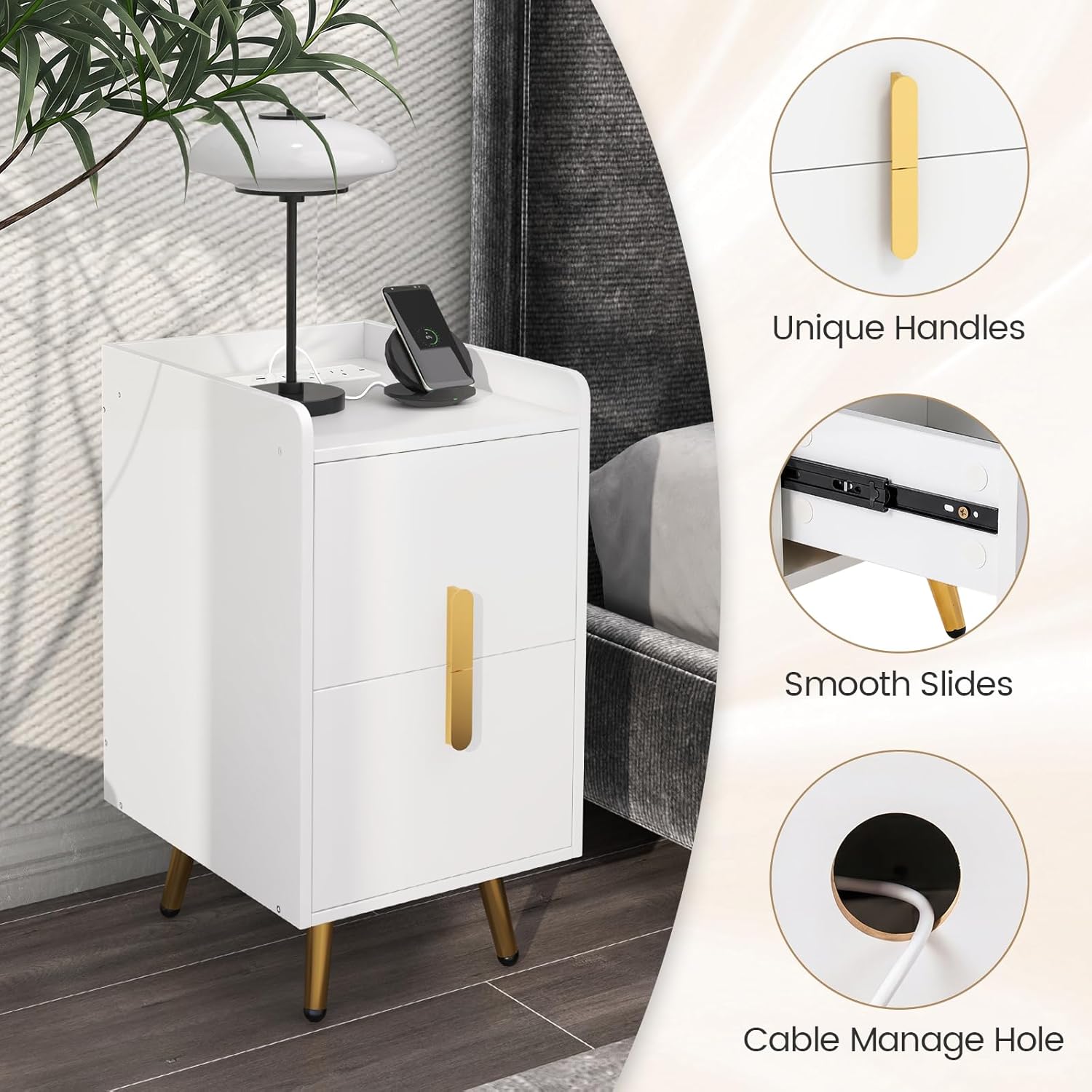 Giantex Nightstand with Charging Station Set of 2, Narrow End Table with 2 Drawers & Metal Gold Legs, Small Sofa Side Table w/USB & Type-C Port, 3 Outlets, Modern Night Stand for Small Spaces, White