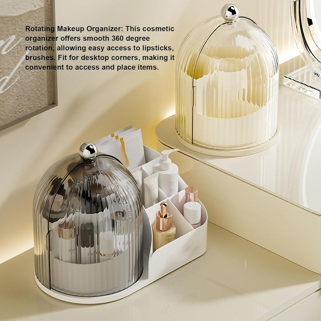 Clear White Plastic 360 Degree Rotating Cosmetic Organizer with Dust Lid Multi Compartment Makeup Brush Lipstick Storage Holder for Vanity Bathroom Desktop