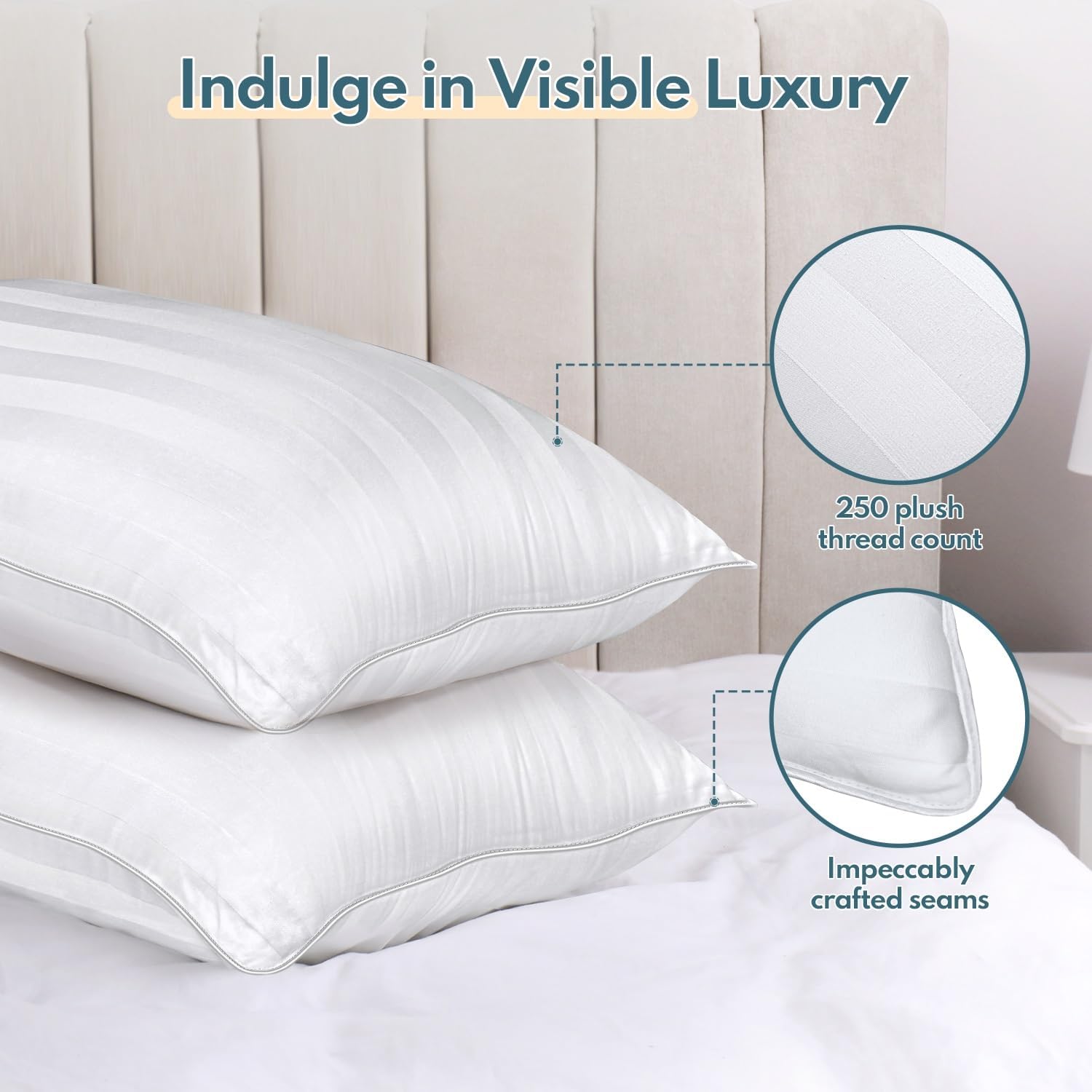 Standard Size Bed Pillows Set of 2 - Premium Breathable Down Alternative Pillows for Side, Back, and Stomach Sleepers Hotel Quality Fluffy Soft Microfiber Fill Cooling Skin-Friendly