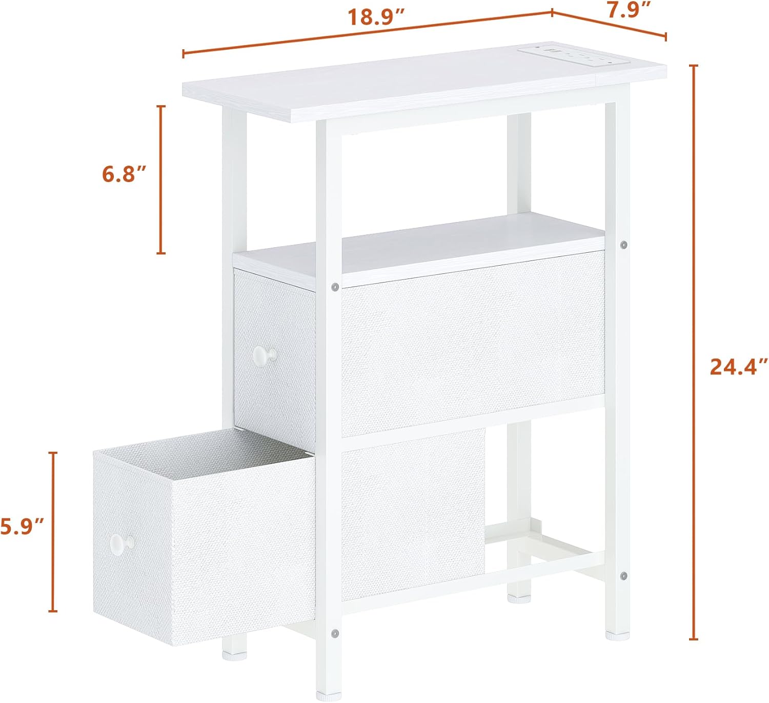 TRIFEBLE End Table with Charging Station, Narrow Side Table with 2 Fabric Drawers, Skinny Nightstand with LED Light, Slim Bedside Table for Bedroom, Living Room, Small Spaces, White