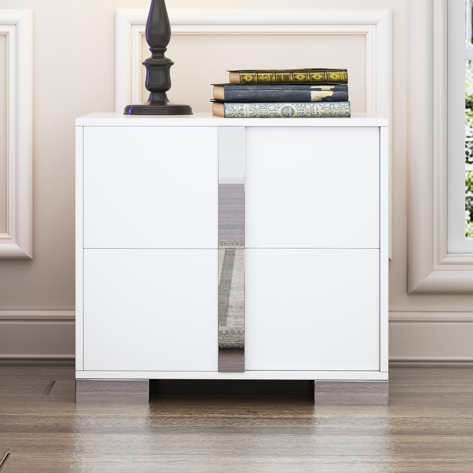 Linique Modern Nightstand with Metal Handle and Base, 2 Drawers Bed Side Table, Wooden End Table for Living Room, Grey