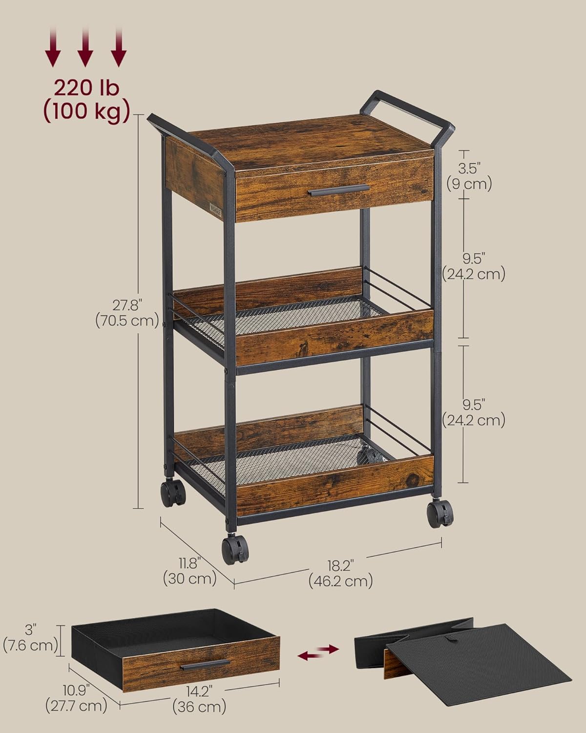 VASAGLE Storage Cart, 3-Tier Rolling Utility Cart with Table Top, Handles, 4 Lockable Casters, Top Drawer, Mesh Shelves, for Kitchen, Bathroom, Bedroom, Rustic Brown and Ink Black ULRC048K01