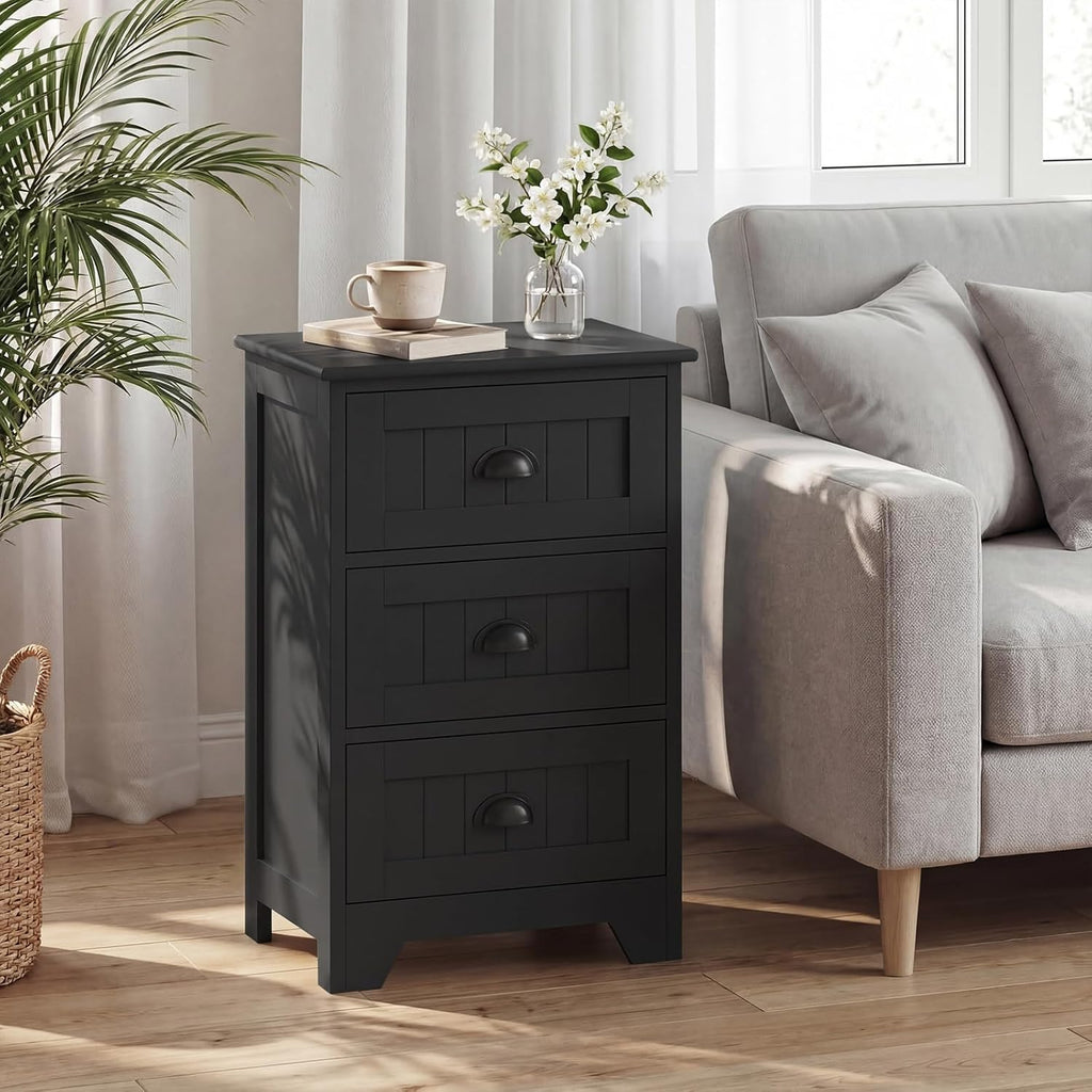 Giantex Nightstand with 3 Drawers, Bedside Table with Exquisite Metal Handles, Accent Table Sofa Side Table with Anti-toppling Device for Bedroom, Study, Black