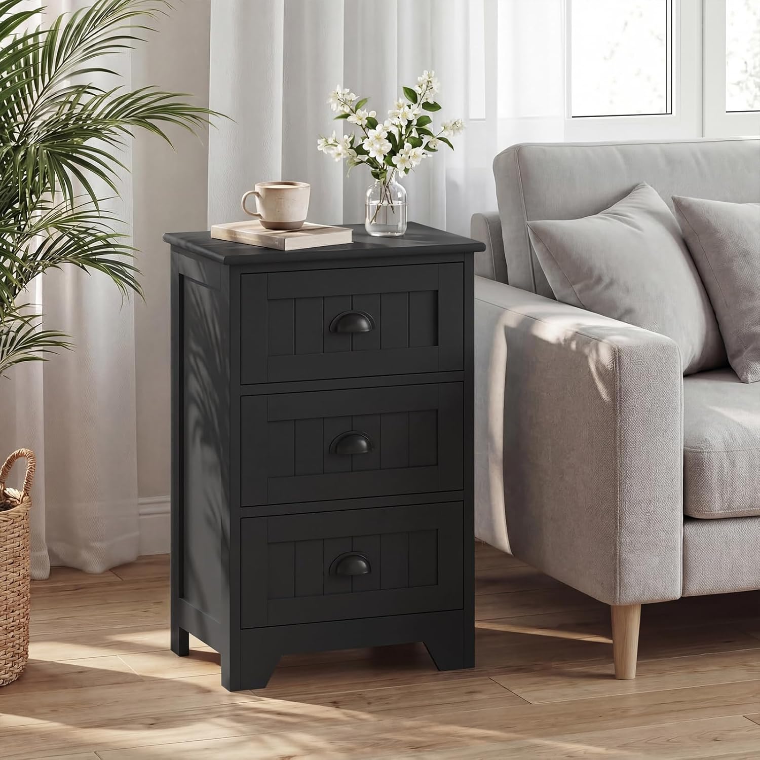 Giantex Nightstand with 3 Drawers, Bedside Table with Exquisite Metal Handles, Accent Table Sofa Side Table with Anti-toppling Device for Bedroom, Study, Black