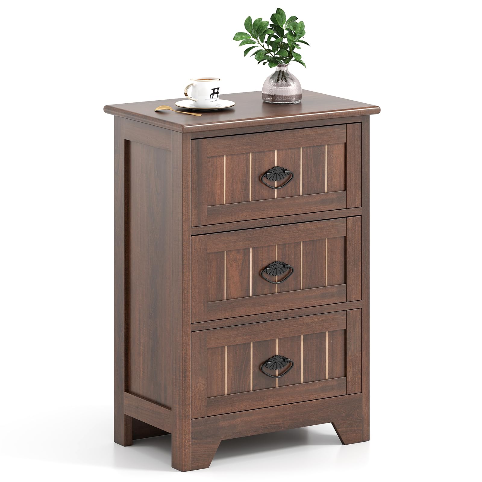 Giantex Nightstand with 3 Drawers, Bedside Table with Exquisite Metal Handles, Accent Table Sofa Side Table with Anti-toppling Device for Bedroom, Study, Black