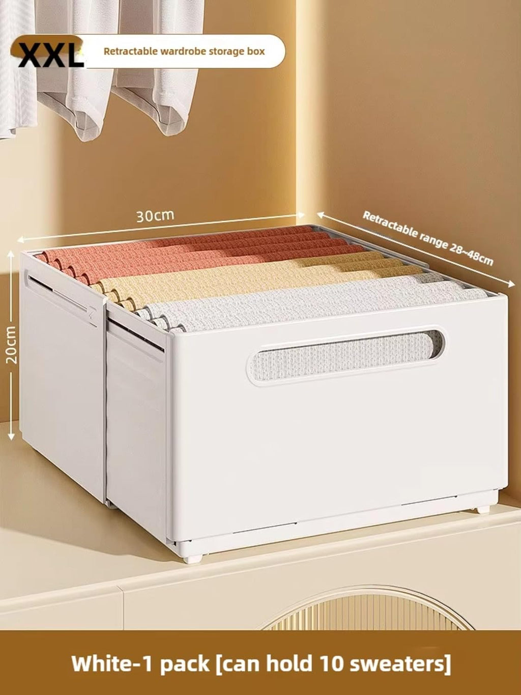 White XL Adjustable Storage Box, Multipurpose Organizer for Closet & Cabinet, 1PC
