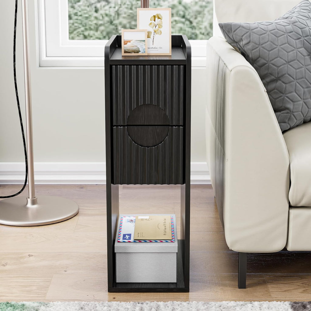 Black Narrow Nightstand, Fluted Small 2 Drawer Nightstand, Slim Side End Table, Wooden Vintage Bedside Table, Mid Century Modern Night Stand, Bedroom, Wood, 1 Pc
