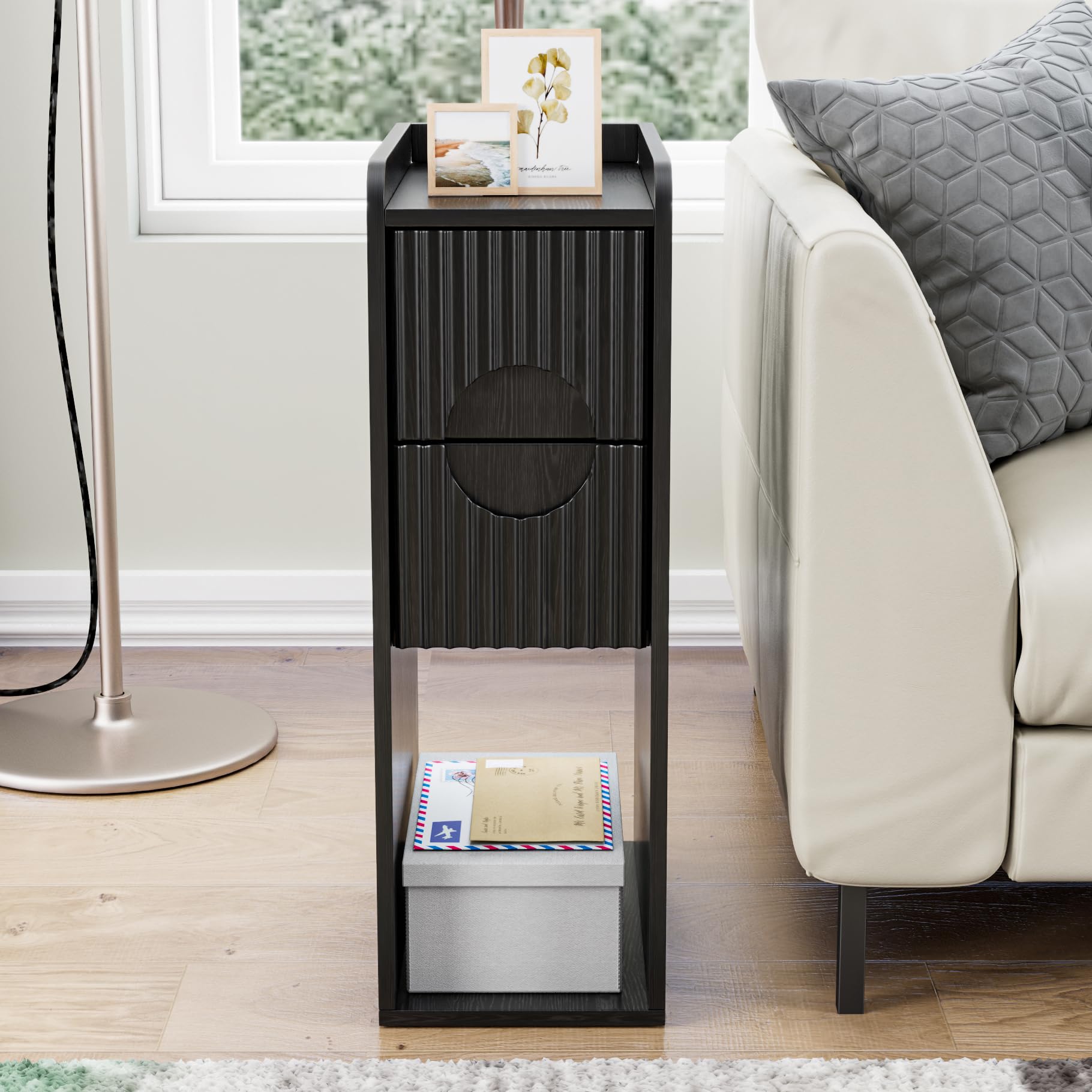 Black Narrow Nightstand, Fluted Small 2 Drawer Nightstand, Slim Side End Table, Wooden Vintage Bedside Table, Mid Century Modern Night Stand, Bedroom, Wood, 1 Pc