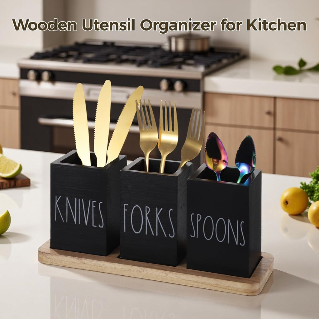 Black Wooden Utensil Organizer with 3 Compartments, Compact Cutlery Storage Rack for Kitchen Countertops, Tabletop Fork and Spoon Holder Caddy, Space-Saving Minimalist Design for Dining Tables