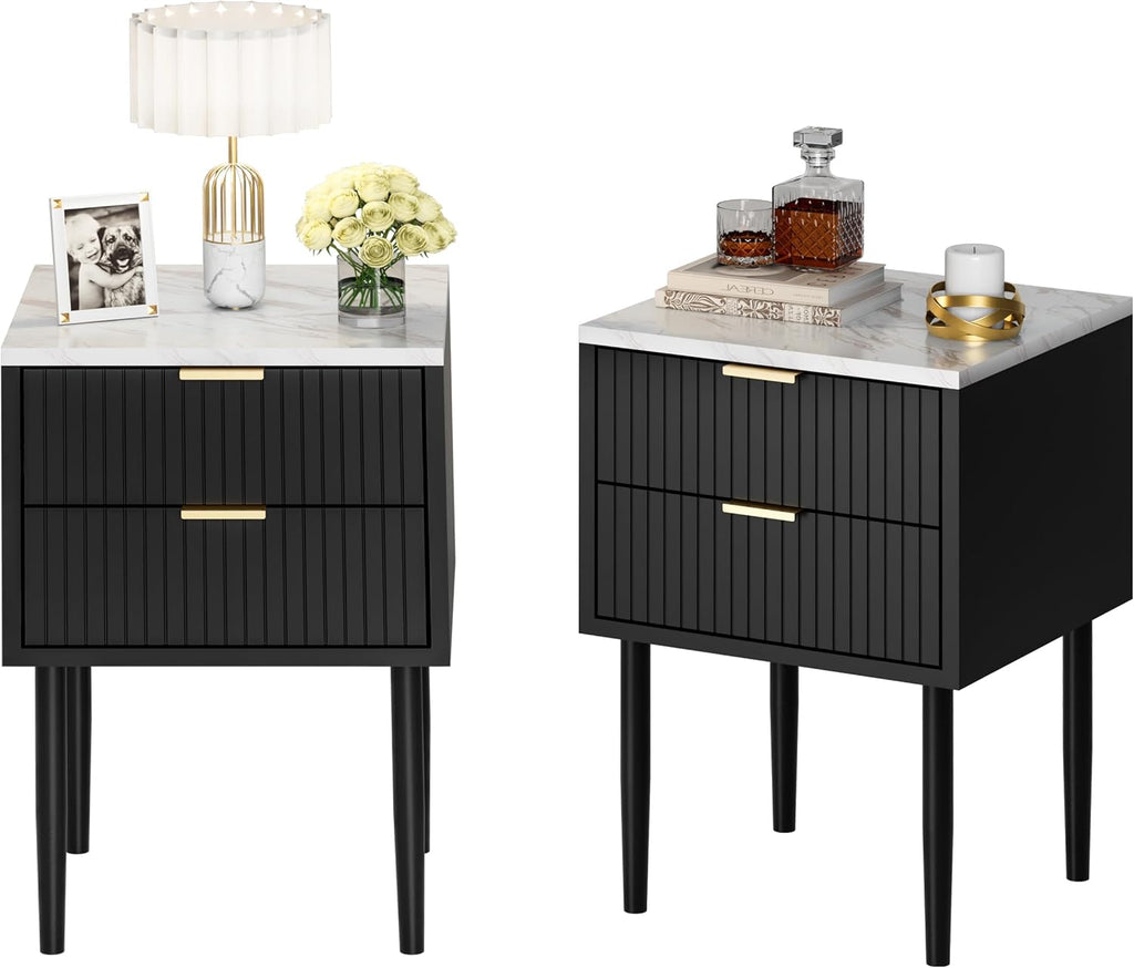 UEV Black Nightstand Set of 2 for Bedroom,Modern Two Drawers Nightstand with Gold Handles & Faux Marble Top,Tall Accent Side Table