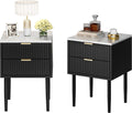 UEV Black Nightstand Set of 2 for Bedroom,Modern Two Drawers Nightstand with Gold Handles & Faux Marble Top,Tall Accent Side Table