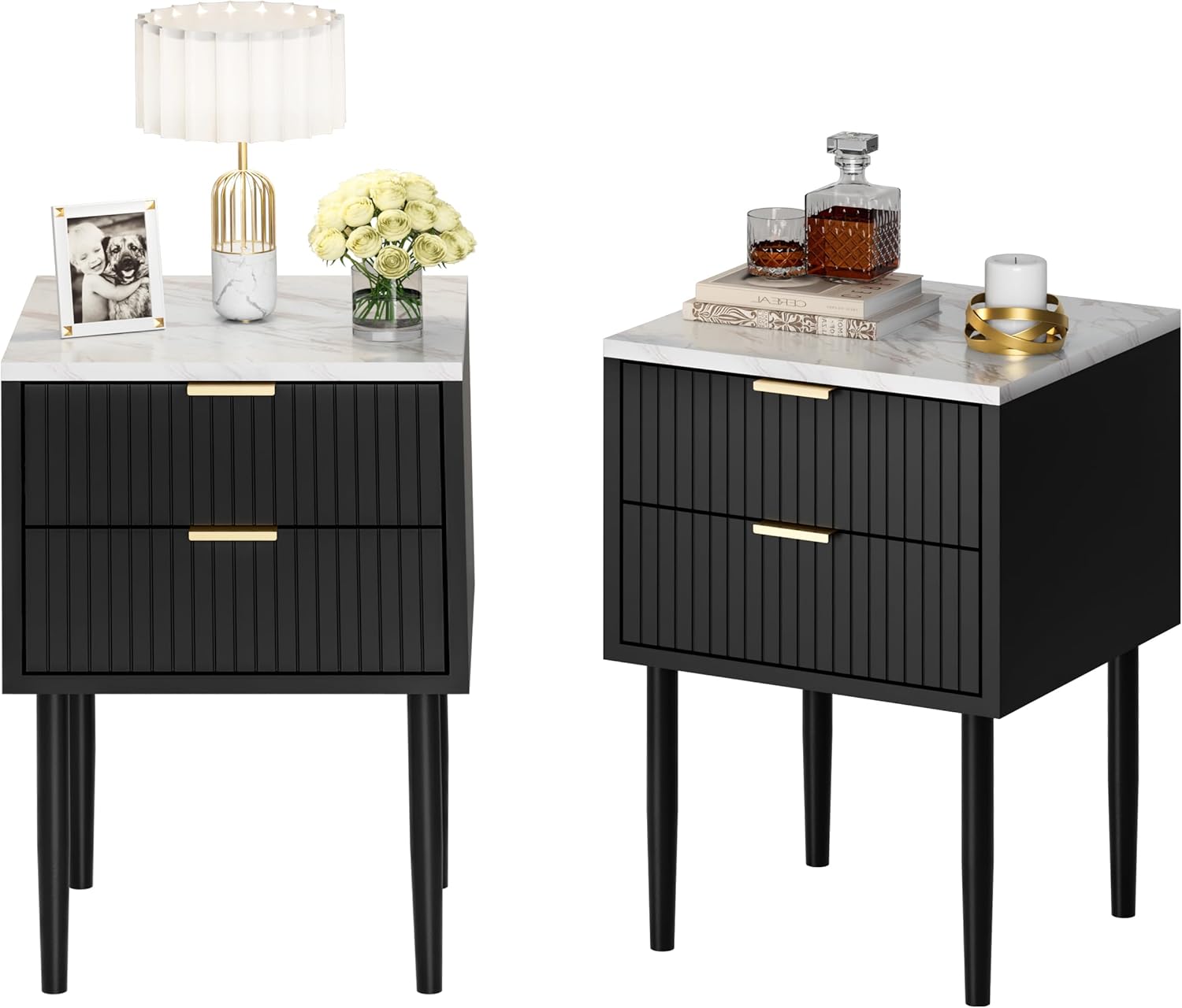 UEV Black Nightstand Set of 2 for Bedroom,Modern Two Drawers Nightstand with Gold Handles & Faux Marble Top,Tall Accent Side Table