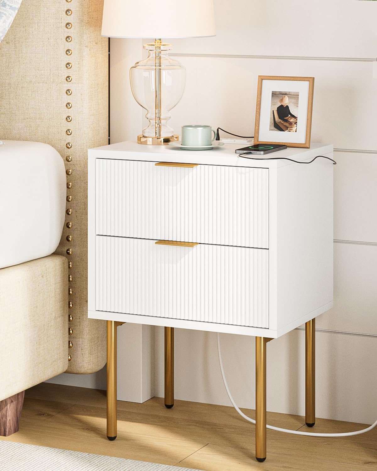 Masupu Nightstand with Charging Station,Mid-Century Modern Bedside Table with Storage Drawer and Open Wood Shelf,Small Gold Frame Side Table for Bedroom,Living Room (Black)