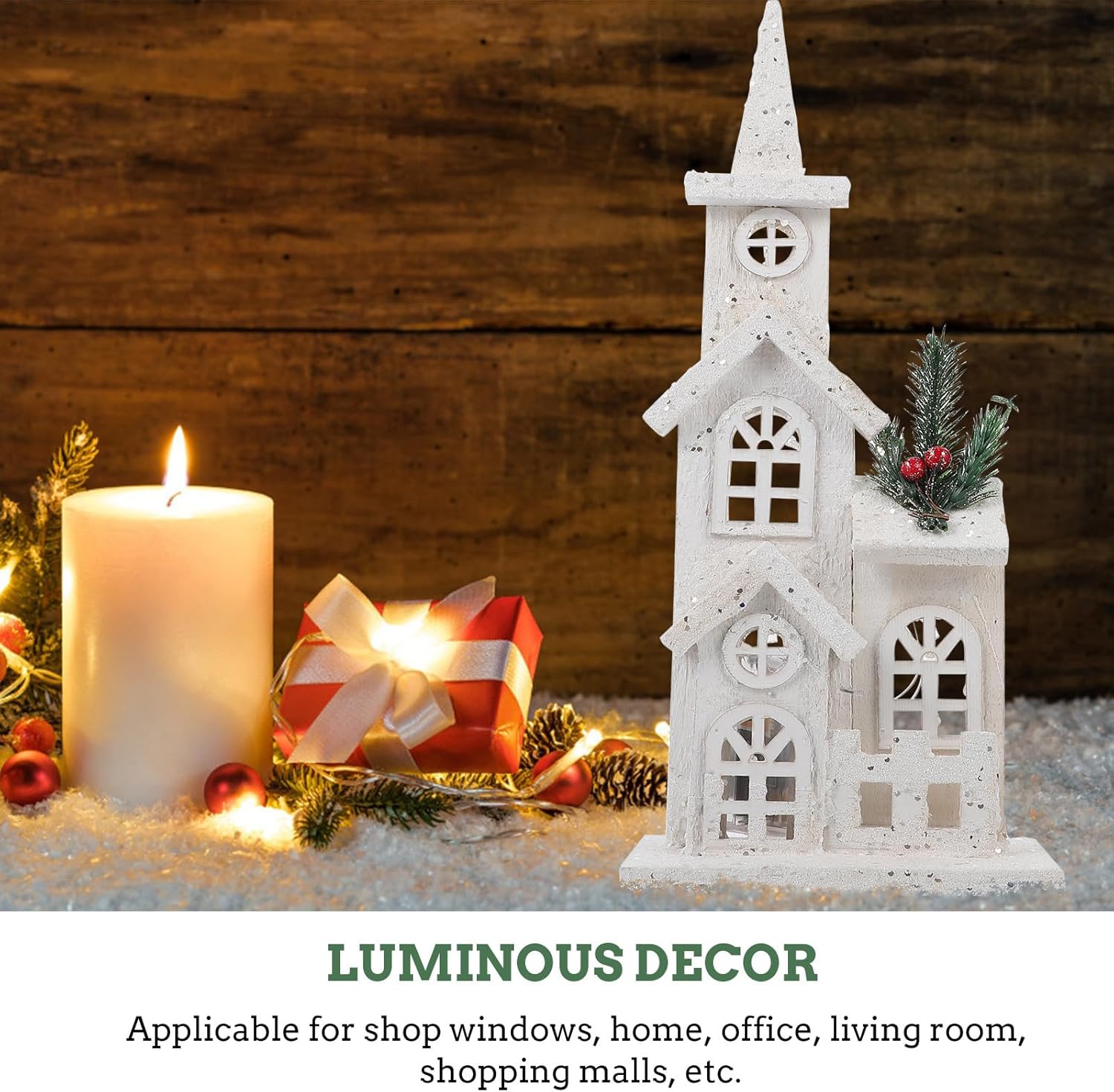 LABRIMP 1pc Luminous Wooden Castle Ornament Christmas Village House Lighted Desktop Decor for Holiday Party Home Adornment