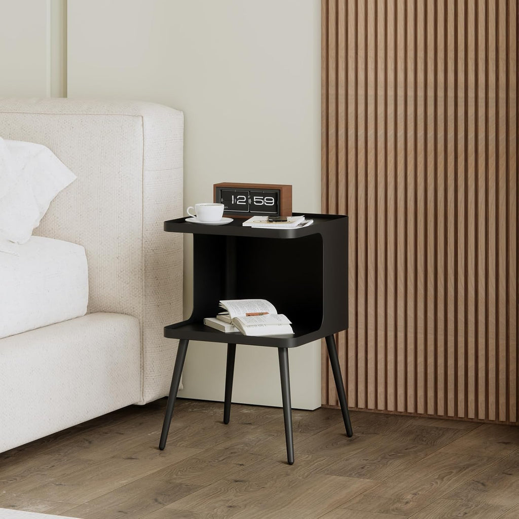 Modern Metal Side Table Nightstand, Small Square End Table for Bedroom & Living Room, Matte Black Bedside Table with Storage, Minimalist Accent Table for Small Spaces