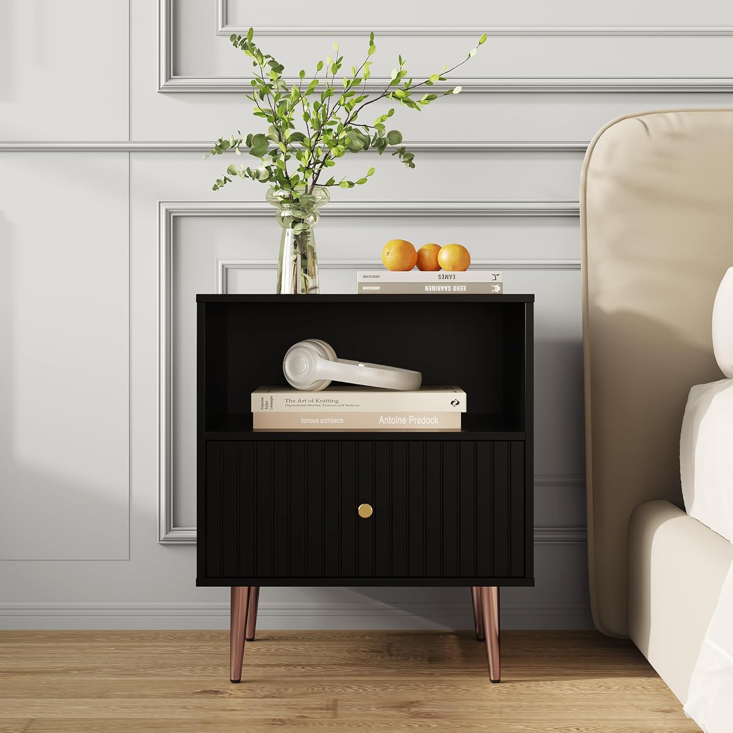 Black Nightstands Set of 2,Modern Bedside Table with Door and Open Storage,Fluted Nightstand and Wood End Side Table with Rose Gold Metal Legs and Handles for Bedroom,Living Room,Black