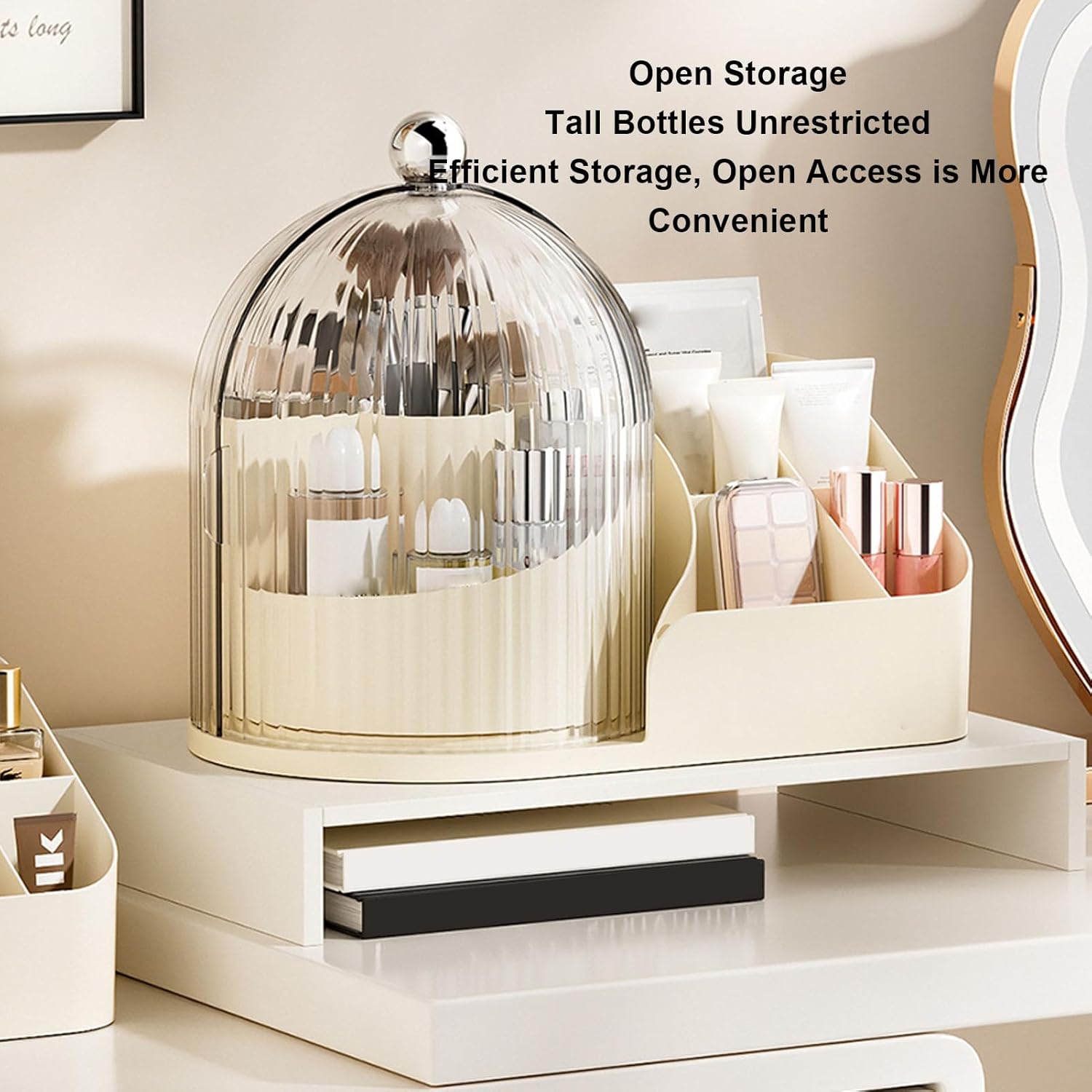 Clear White Plastic 360 Degree Rotating Cosmetic Organizer with Dust Lid Multi Compartment Makeup Brush Lipstick Storage Holder for Vanity Bathroom Desktop