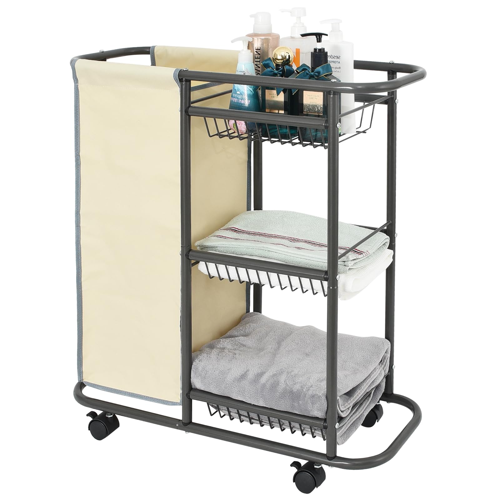 Rolling Laundry Sorter with 3 Storage Baskets and 45 L Bag, 3-Tier Laundry Caddy Between Washer and Dryer,Laundry Room Organization with Wheels and Handle for Narrow Space Bathroom Apartment Dorm