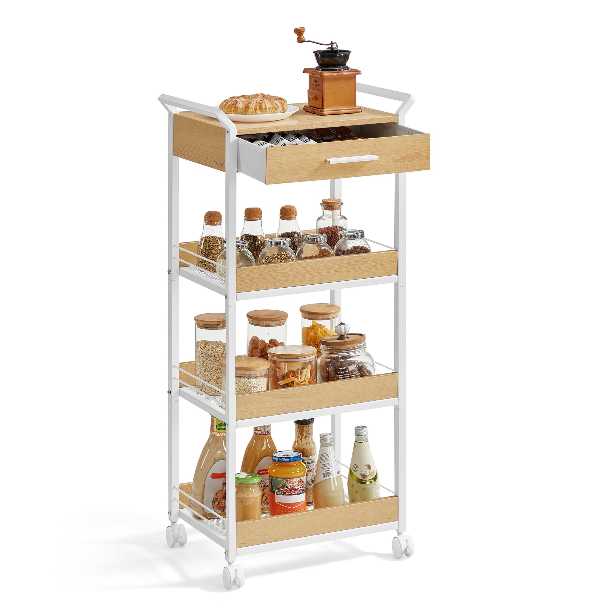 VASAGLE Storage Cart, 3-Tier Rolling Utility Cart with Table Top, Handles, 4 Lockable Casters, Top Drawer, Mesh Shelves, for Kitchen, Bathroom, Bedroom, Rustic Brown and Ink Black ULRC048K01