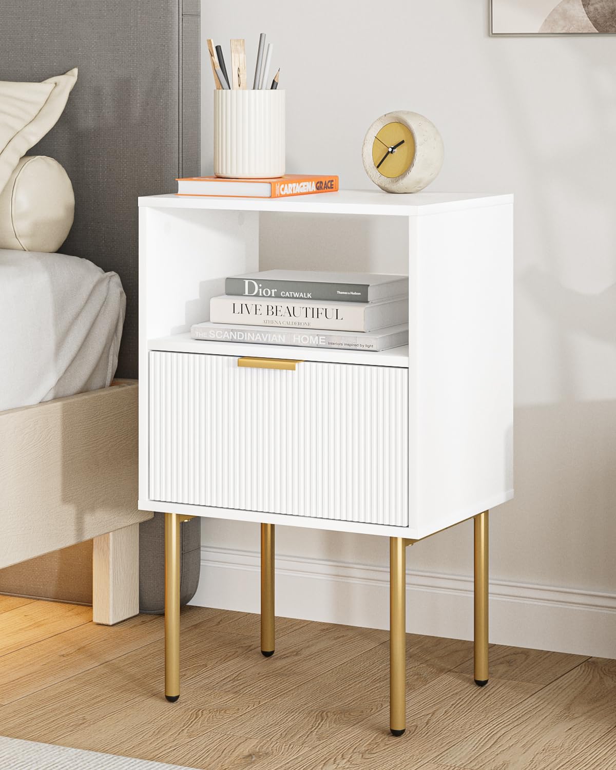 Masupu Nightstand with Charging Station,Mid-Century Modern Bedside Table with Storage Drawer and Open Wood Shelf,Small Gold Frame Side Table for Bedroom,Living Room (Black)