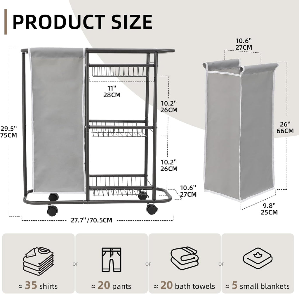 Rolling Laundry Sorter with 3 Storage Baskets and 45 L Bag, 3-Tier Laundry Caddy Between Washer and Dryer,Laundry Room Organization with Wheels and Handle for Narrow Space Bathroom Apartment Dorm