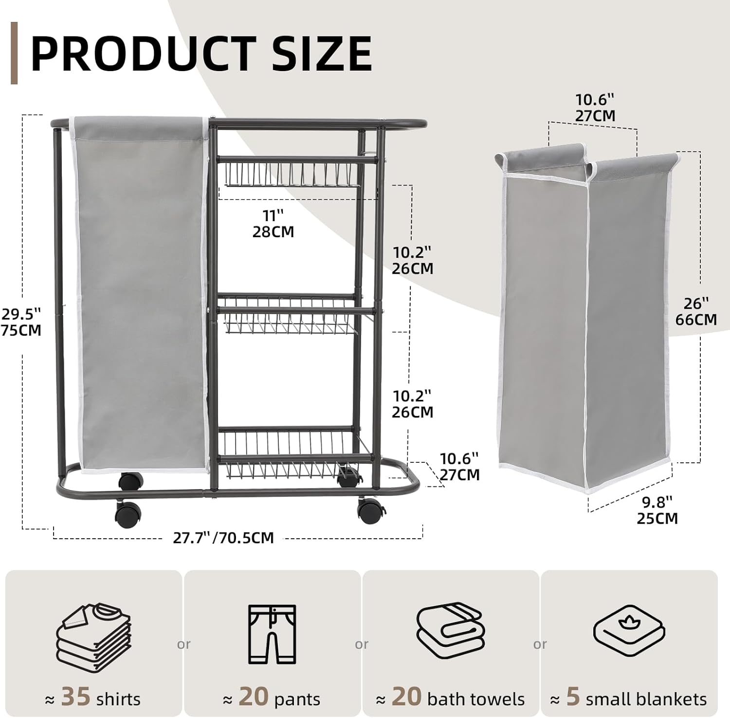 Rolling Laundry Sorter with 3 Storage Baskets and 45 L Bag, 3-Tier Laundry Caddy Between Washer and Dryer,Laundry Room Organization with Wheels and Handle for Narrow Space Bathroom Apartment Dorm