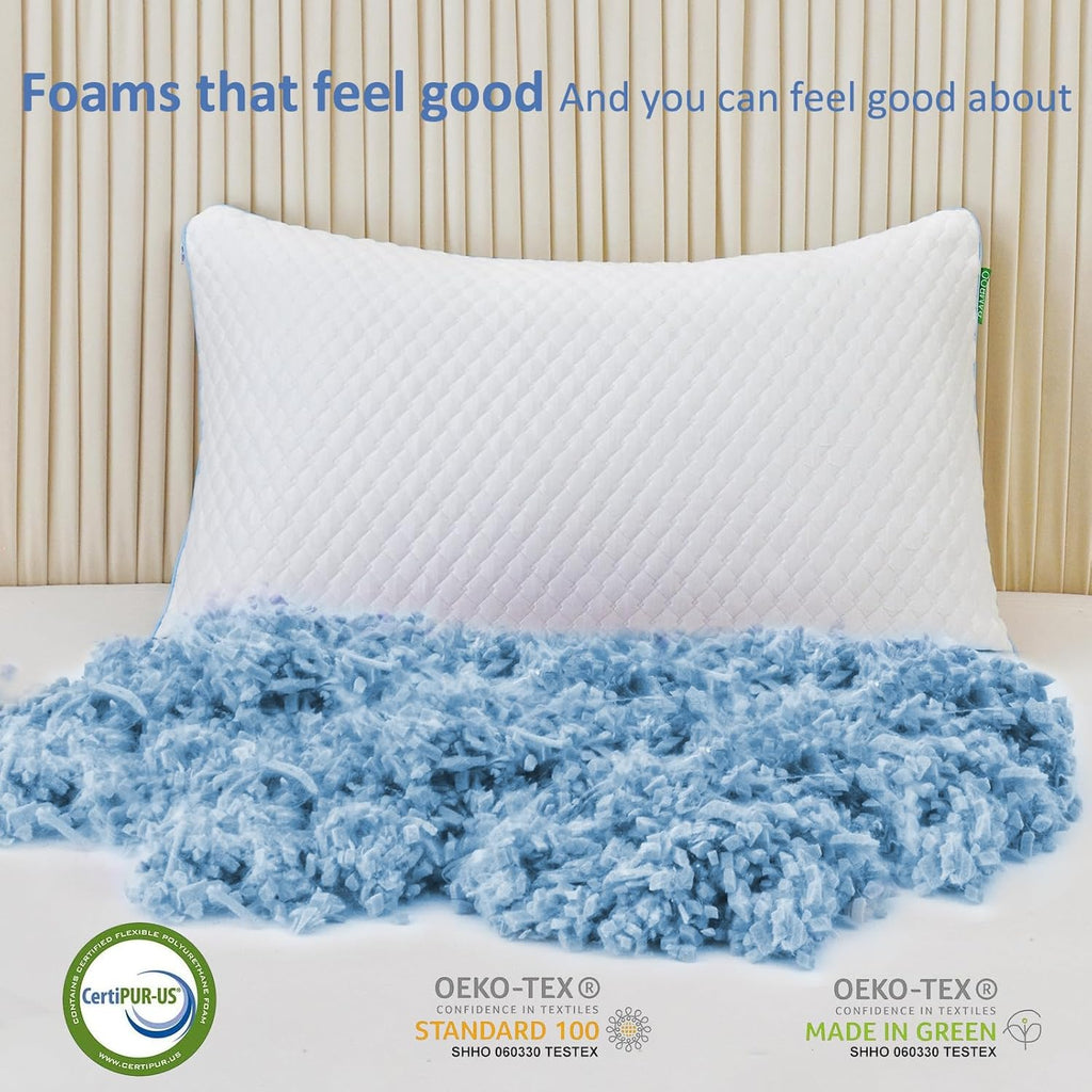 Shredded Memory Foam Pillows for Sleeping 2 Pack - Cooling Bed Pillows Standard Size Set of 2 - Firm Pillow for Side and Back Sleepers Adjustable Gel Pillow with Removable Cover