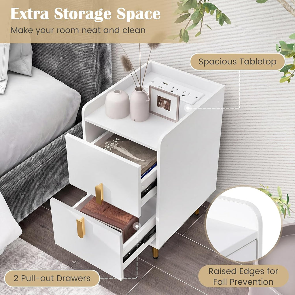 Giantex Nightstand with Charging Station Set of 2, Narrow End Table with 2 Drawers & Metal Gold Legs, Small Sofa Side Table w/USB & Type-C Port, 3 Outlets, Modern Night Stand for Small Spaces, White
