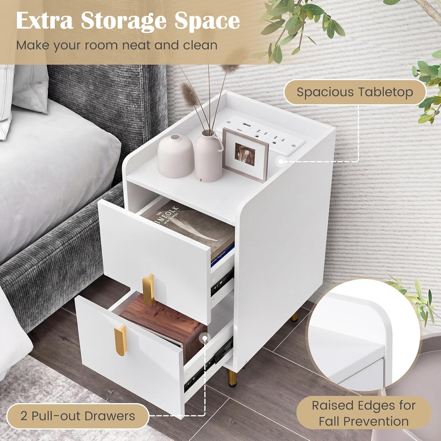 Giantex Nightstand with Charging Station Set of 2, Narrow End Table with 2 Drawers & Metal Gold Legs, Small Sofa Side Table w/USB & Type-C Port, 3 Outlets, Modern Night Stand for Small Spaces, White