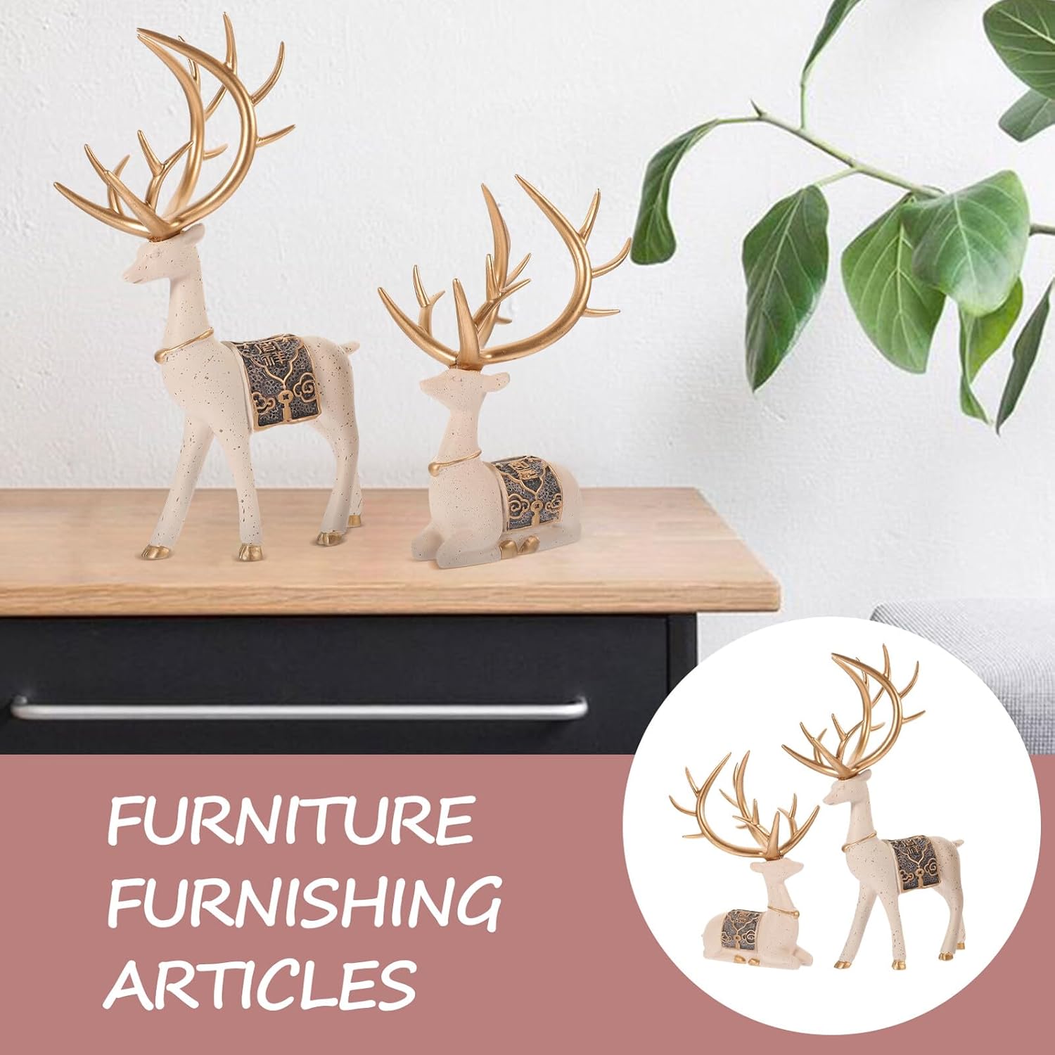 Sewroro Resin Deer Figurines Pair, Sika Deer Home Decor Ornaments, Creative Desktop Resin Craft for Living Room and Study Table Decoration