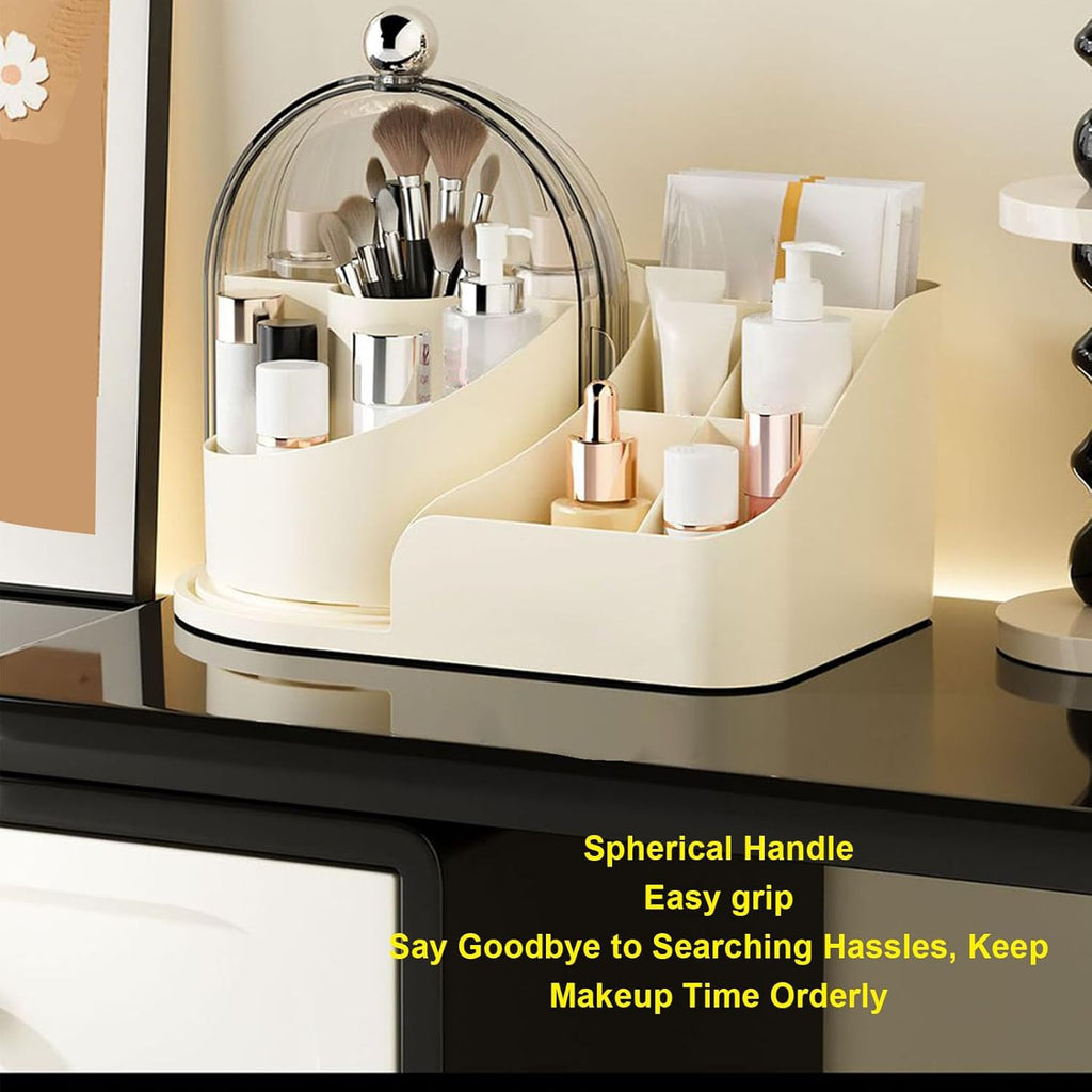 Clear White Plastic 360 Degree Rotating Cosmetic Organizer with Dust Lid Multi Compartment Makeup Brush Lipstick Storage Holder for Vanity Bathroom Desktop